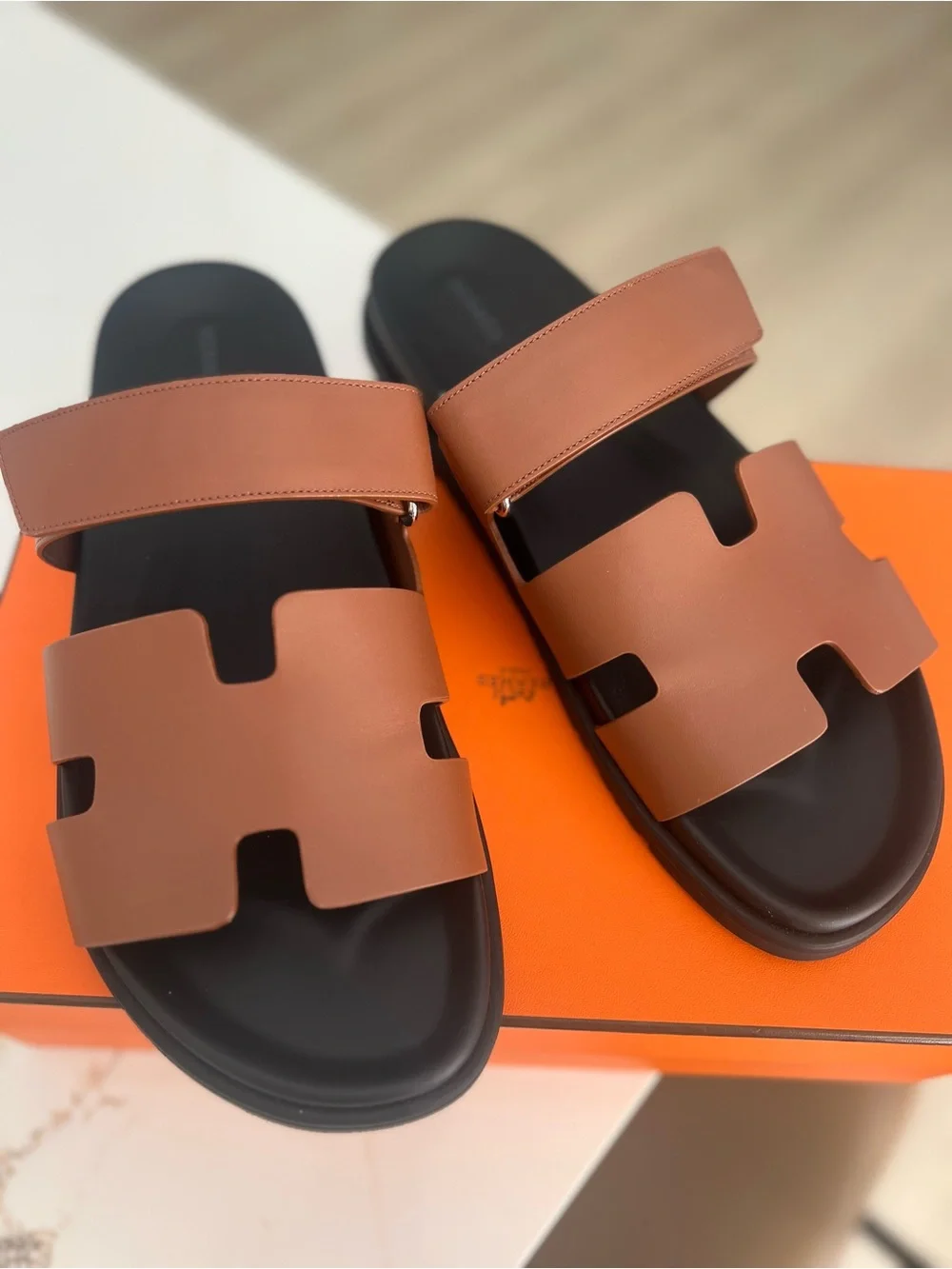 Hermes Chypre Brown Leather Slide Sandals  for Men size 46(13US)